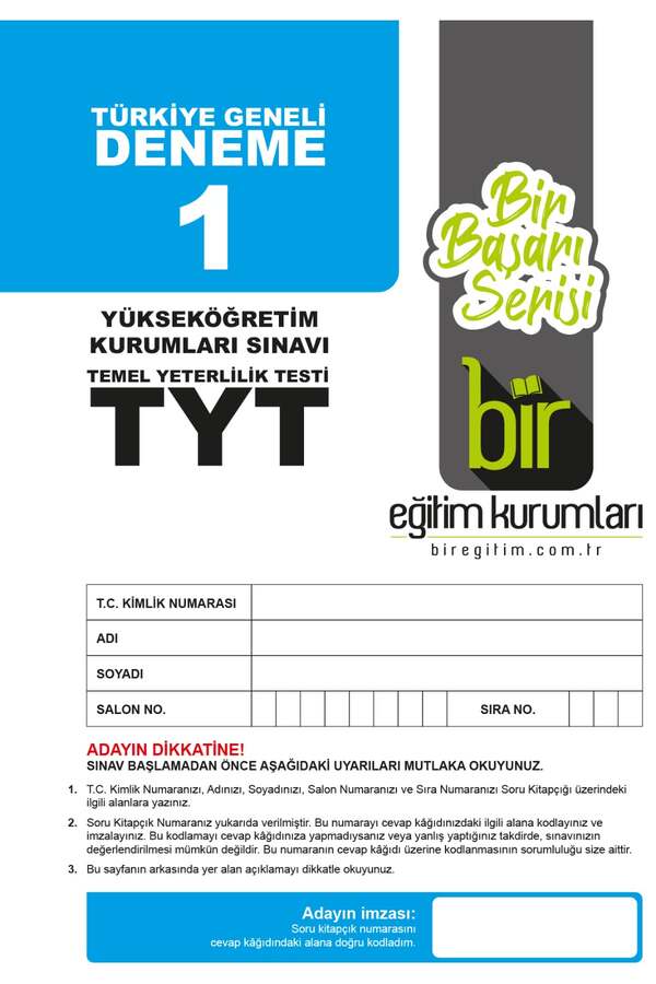TYT Kitap, Deneme Kitabı, Bir Eğitim Kurumları 9786057367600