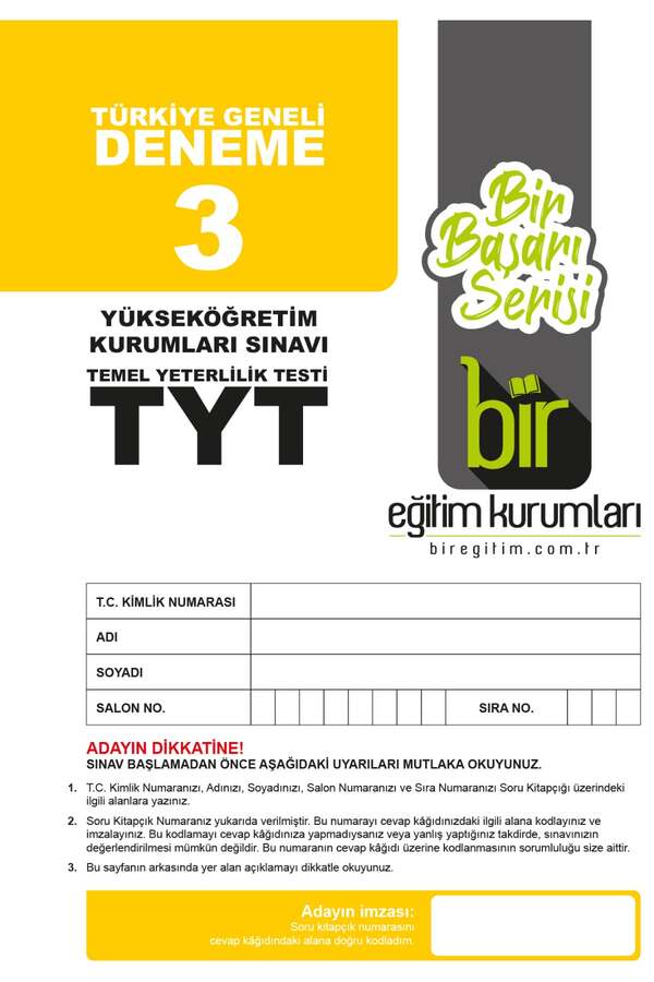 TYT Kitap, Deneme Kitabı, Bir Eğitim Kurumları 9786057367624