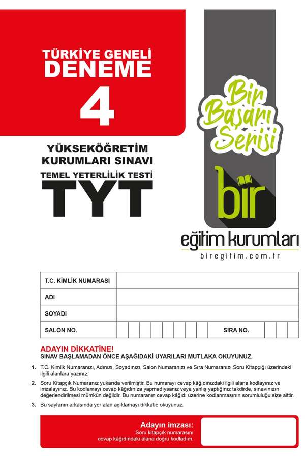 TYT Kitap, Deneme Kitabı, Bir Eğitim Kurumları 9786057367648