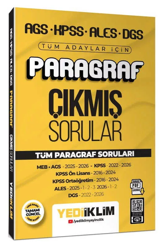 Yediiklim Yayınları AGS KPSS ALES DGS Tüm Adaylar İçin Paragraf Tamamı PDF Çözümlü Çıkmış Sorular